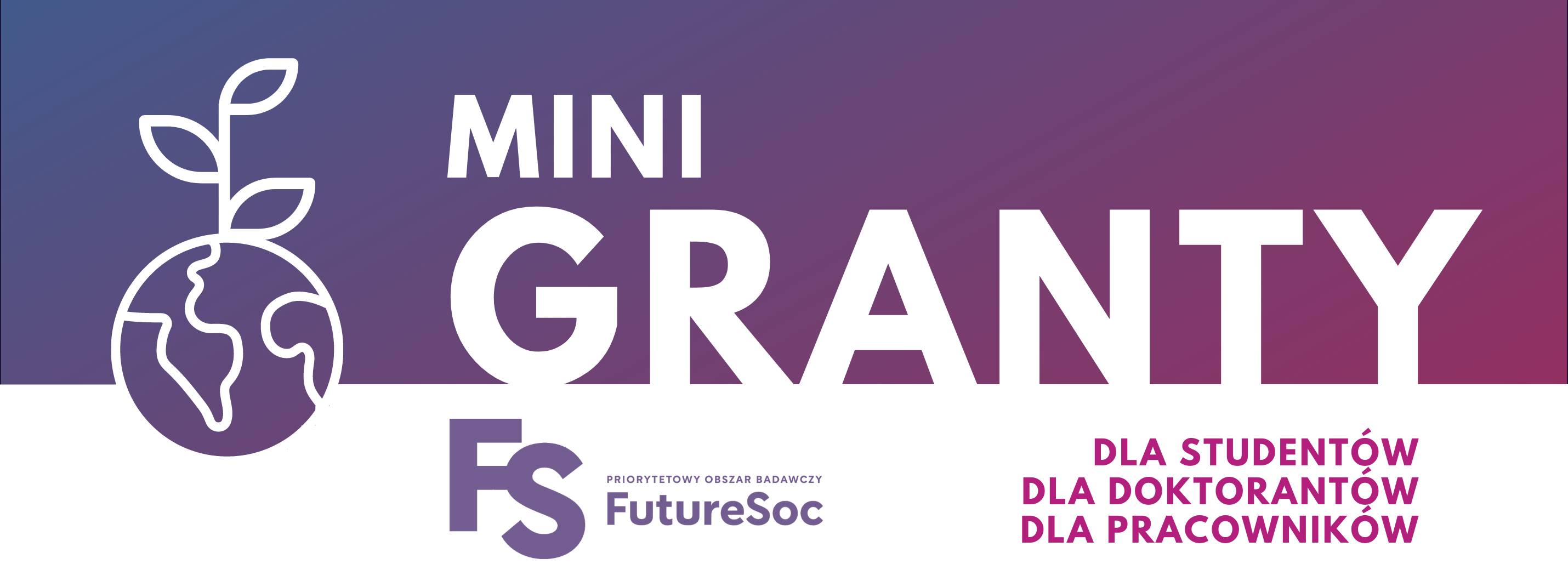 Grafika promująca minigranty FutureSoc, o treści: MINIGRANTY dla studentów, dla doktorantów, dla pracowników